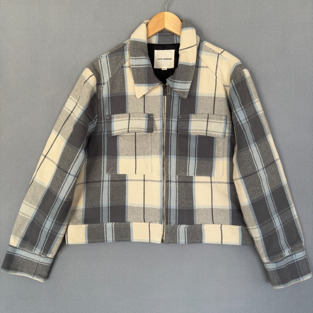 Lucky Brand Women's Plaid Jacket XL Cotton Zip Front Cropped Gray Blue Cream NEW